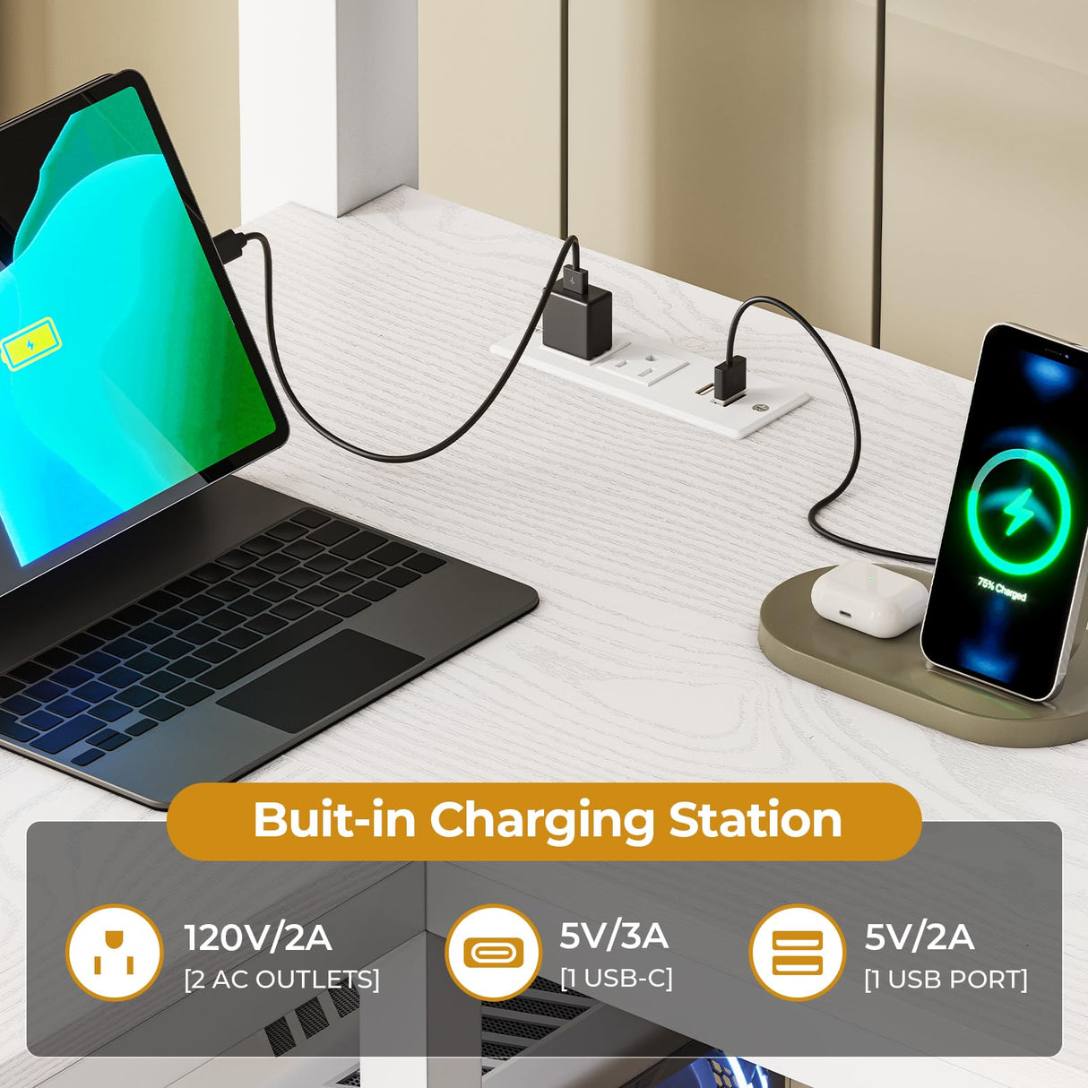 ADORNEVE Loft Bed Twin Size with L-Shaped Desk, LED Lights,Charging Station, Twin Metal Loft Bed Frame with Fabric Drawers & Shelve, 13.4" H Safety Guardrail, No Box Spring Needed, White ADORNEVE