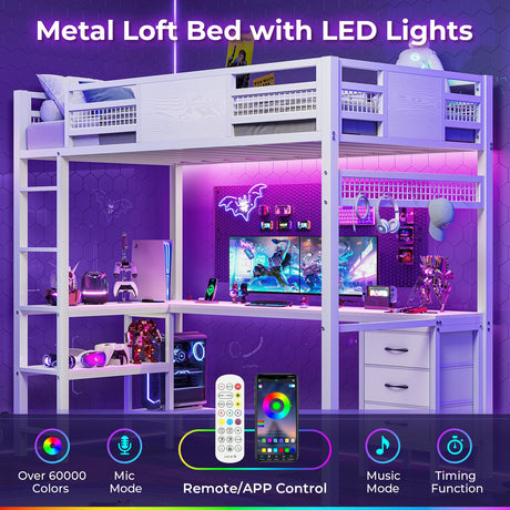 ADORNEVE Loft Bed Twin Size with L-Shaped Desk, LED Lights,Charging Station, Twin Metal Loft Bed Frame with Fabric Drawers & Shelve, 13.4" H Safety Guardrail, No Box Spring Needed, White ADORNEVE