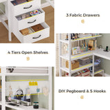 ADORNEVE Loft Bed Twin Size with L-Shaped Desk, LED Lights,Charging Station,Twin Metal Loft Bed with Desk, Fabric Drawers & Shelves, 13.4" H Safety Guard, No Box Spring Needed,White ADORNEVE