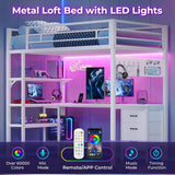 ADORNEVE Loft Bed Twin Size with L-Shaped Desk, LED Lights,Charging Station,Twin Metal Loft Bed with Desk, Fabric Drawers & Shelves, 13.4" H Safety Guard, No Box Spring Needed,White ADORNEVE