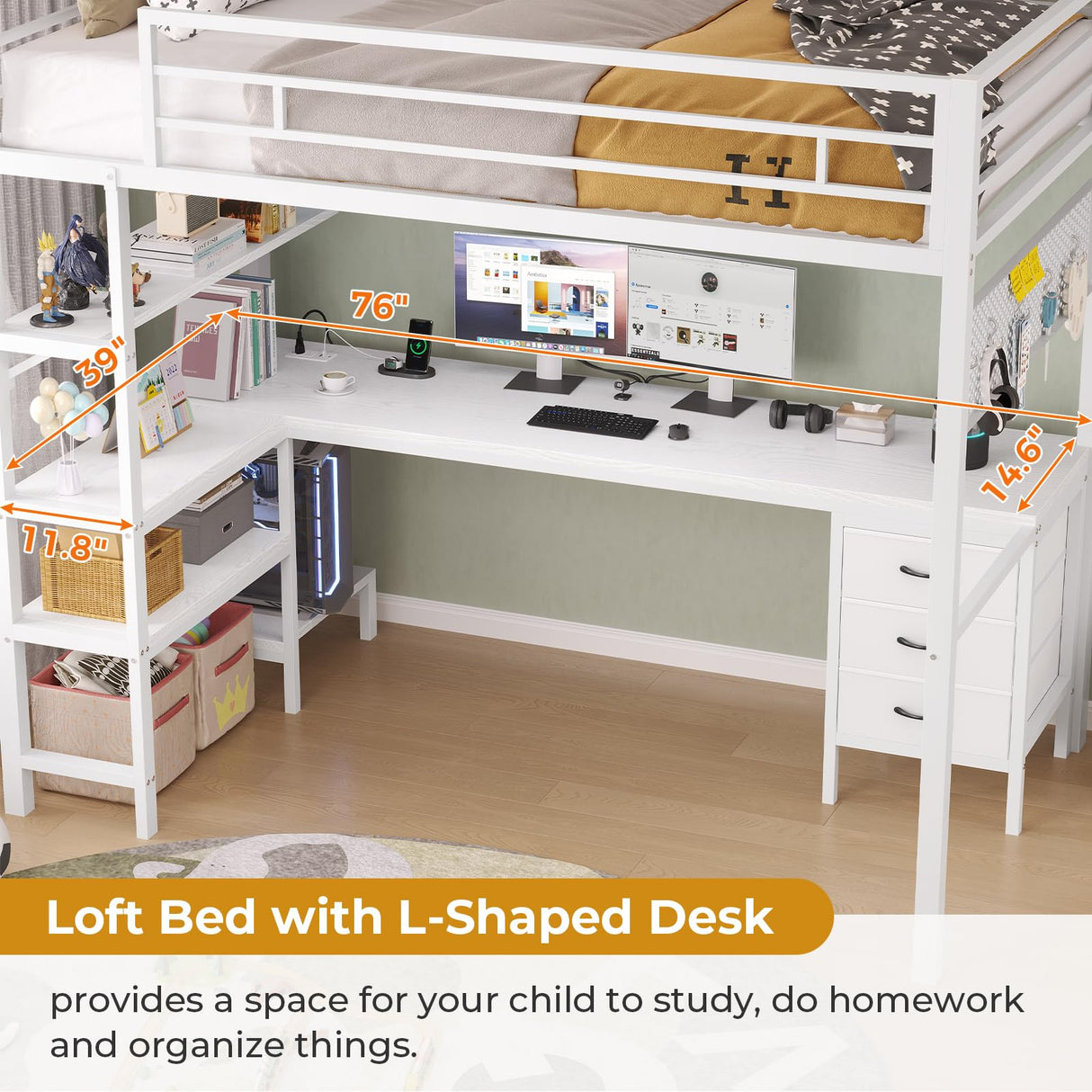 ADORNEVE Loft Bed Twin Size with L-Shaped Desk, LED Lights,Charging Station,Twin Metal Loft Bed with Desk, Fabric Drawers & Shelves, 13.4" H Safety Guard, No Box Spring Needed,White ADORNEVE