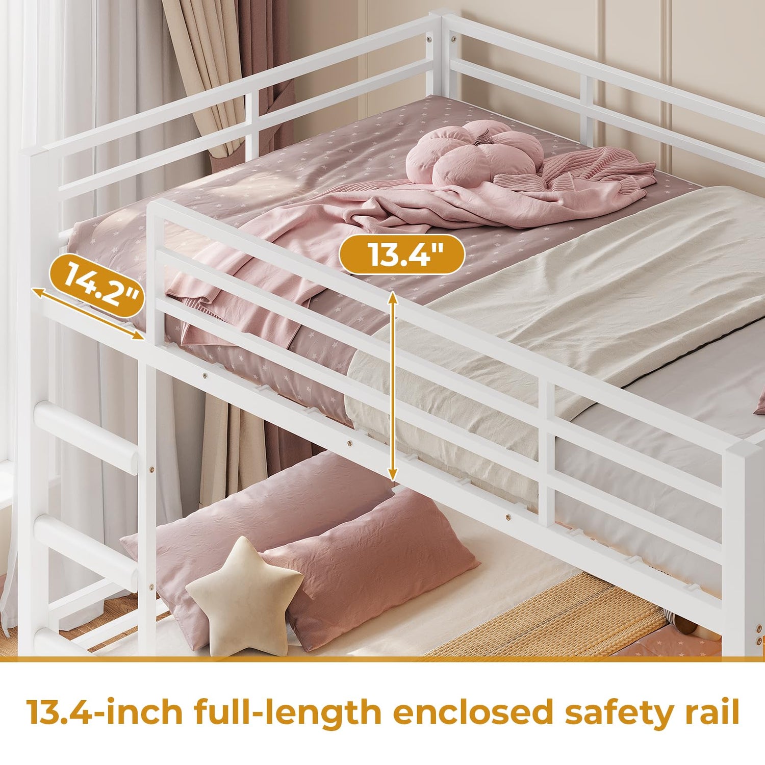 ADORNEVE Low Bunk Bed Twin Over Twin with Sling Bookshelves, Storage Drawers & Power Outlet, LED Metal Floor Bunk with Full-Length Guardrail & Metal Slats, No Box Spring Needed, for Toddler, White ADORNEVE