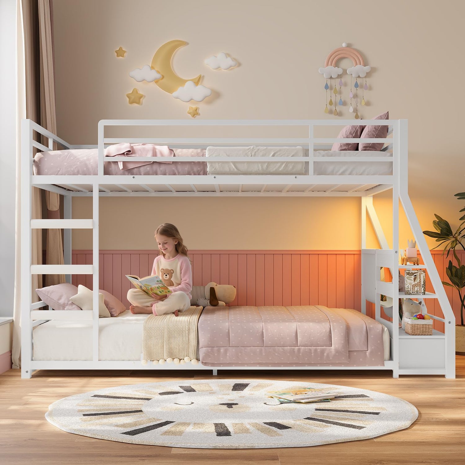 ADORNEVE Low Bunk Bed Twin Over Twin with Sling Bookshelves, Storage Drawers & Power Outlet, LED Metal Floor Bunk with Full-Length Guardrail & Metal Slats, No Box Spring Needed, for Toddler, White ADORNEVE