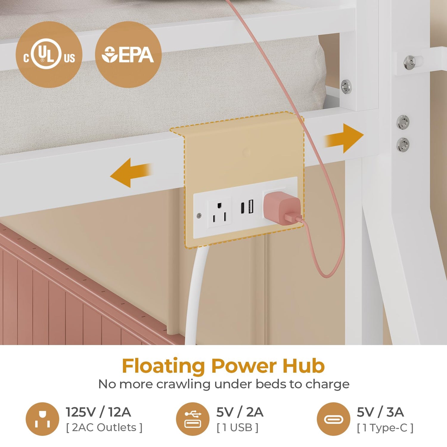 ADORNEVE Low Bunk Bed Twin Over Twin with Sling Bookshelves, Storage Drawers & Power Outlet, LED Metal Floor Bunk with Full-Length Guardrail & Metal Slats, No Box Spring Needed, for Toddler, White ADORNEVE