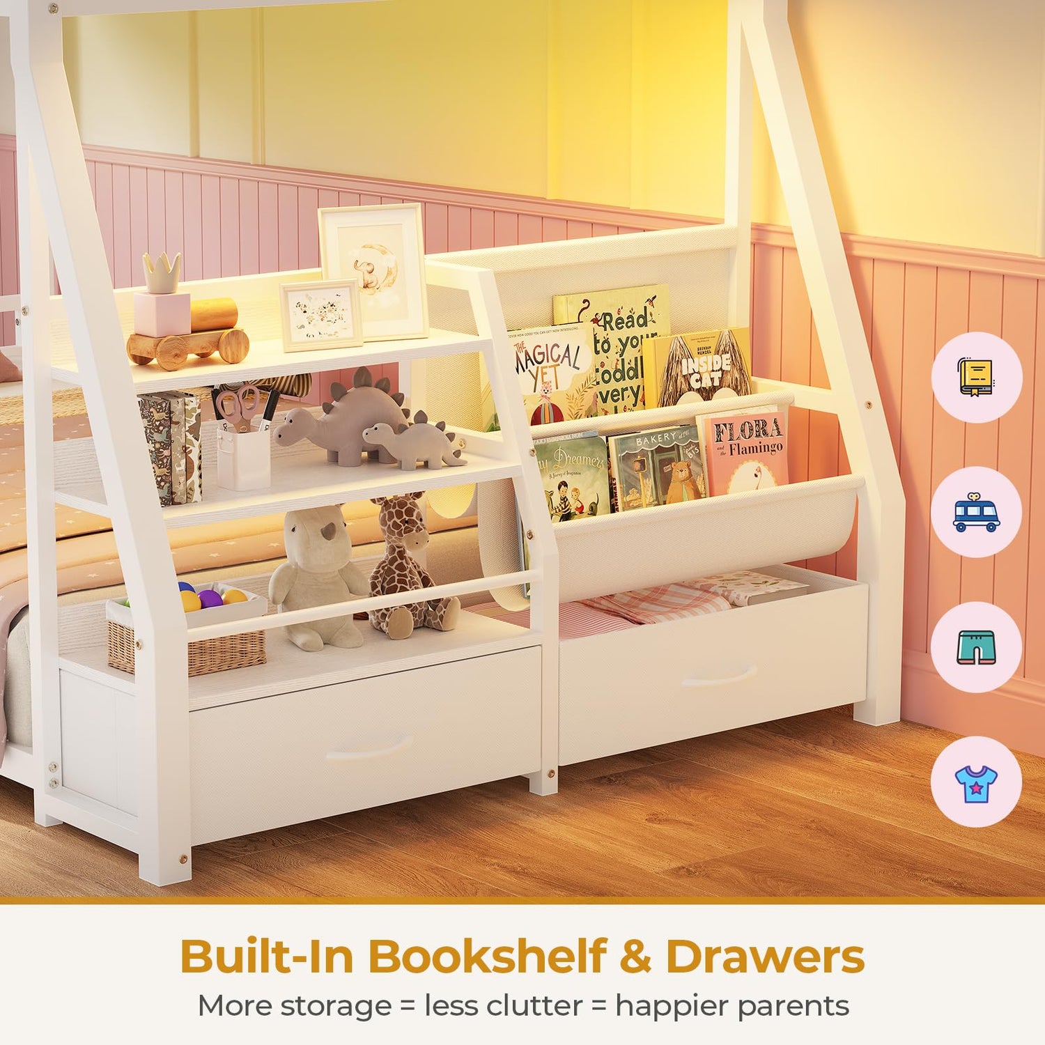 ADORNEVE Low Bunk Bed Twin Over Twin with Sling Bookshelves, Storage Drawers & Power Outlet, LED Metal Floor Bunk with Full-Length Guardrail & Metal Slats, No Box Spring Needed, for Toddler, White ADORNEVE