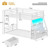 ADORNEVE Low Bunk Bed Twin Over Twin with Sling Bookshelves, Storage Drawers & Power Outlet, LED Metal Floor Bunk with Full-Length Guardrail & Metal Slats, No Box Spring Needed, for Toddler, White ADORNEVE