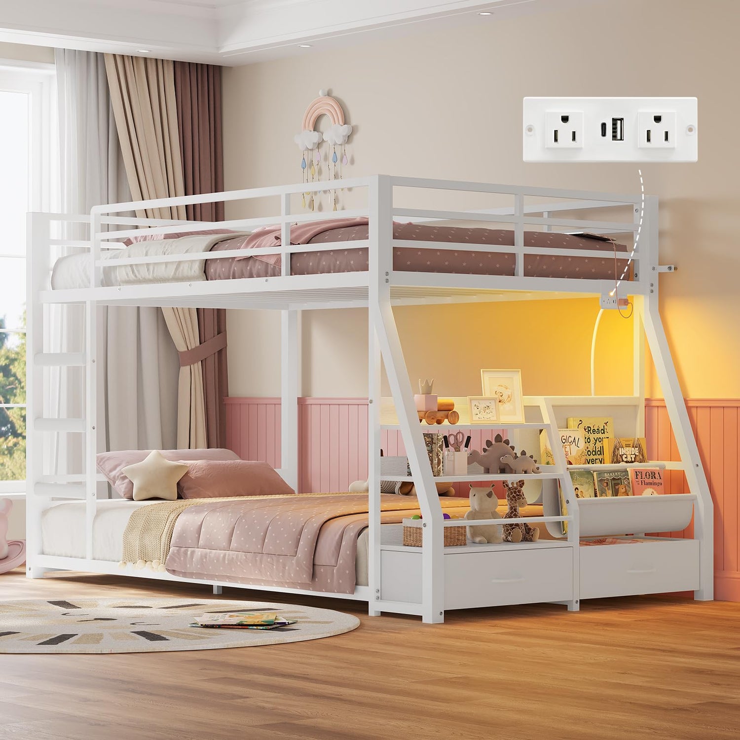 ADORNEVE Low Bunk Bed Twin Over Twin with Sling Bookshelves, Storage Drawers & Power Outlet, LED Metal Floor Bunk with Full-Length Guardrail & Metal Slats, No Box Spring Needed, for Toddler, White ADORNEVE