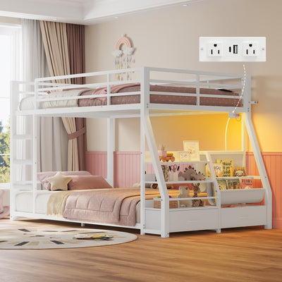 ADORNEVE Low Bunk Bed Twin Over Twin with Sling Bookshelves, Storage Drawers & Power Outlet, LED Metal Floor Bunk with Full-Length Guardrail & Metal Slats, No Box Spring Needed, for Toddler, White