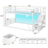 ADORNEVE Low Bunk Bed Twin Over Twin with Stairs, Storage Drawers & Shelves, RGB LED Lights Metal Floor Bunk with Power Outlet, Full-Length Guardrail & Metal Slats, for Small Space, Kids, White ADORNEVE