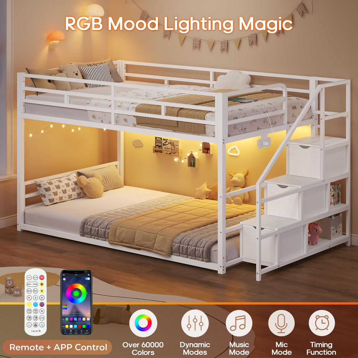 ADORNEVE Low Bunk Bed Twin Over Twin with Stairs, Storage Drawers & Shelves, RGB LED Lights Metal Floor Bunk with Power Outlet, Full-Length Guardrail & Metal Slats, for Small Space, Kids, White ADORNEVE