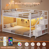 ADORNEVE Low Bunk Bed Twin Over Twin with Stairs, Storage Drawers & Shelves, RGB LED Lights Metal Floor Bunk with Power Outlet, Full-Length Guardrail & Metal Slats, for Small Space, Kids, White ADORNEVE