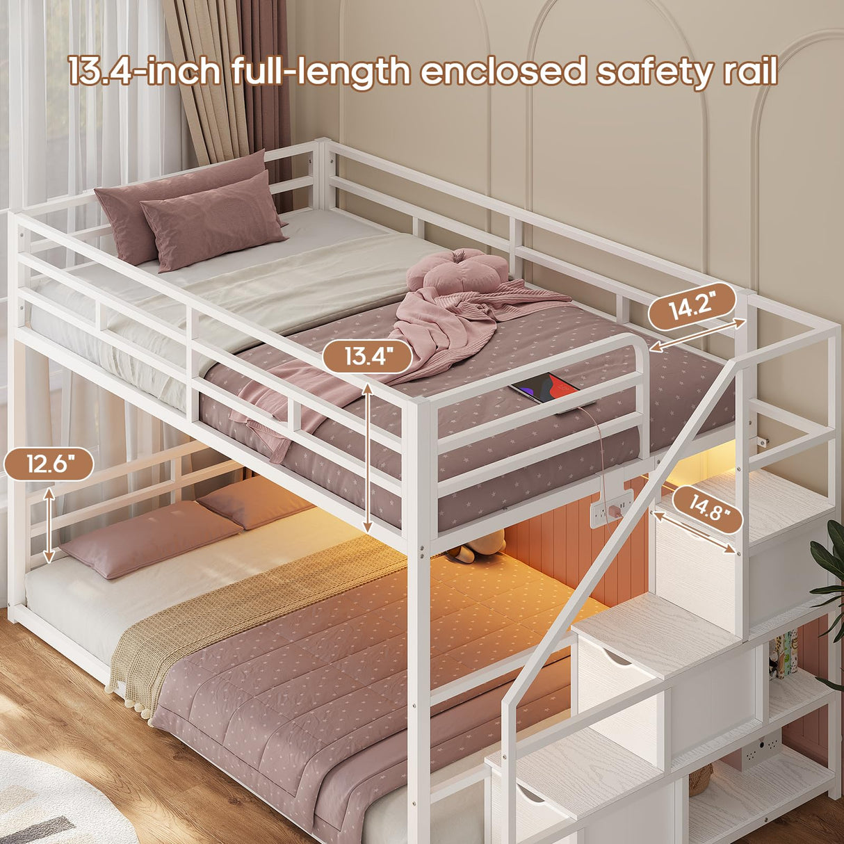 ADORNEVE Low Bunk Bed Twin Over Twin with Stairs, Storage Drawers & Shelves, RGB LED Lights Metal Floor Bunk with Power Outlet, Full-Length Guardrail & Metal Slats, for Small Space, Kids, White ADORNEVE