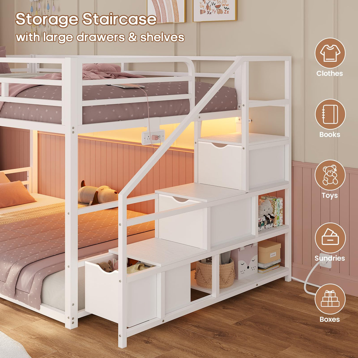 ADORNEVE Low Bunk Bed Twin Over Twin with Stairs, Storage Drawers & Shelves, RGB LED Lights Metal Floor Bunk with Power Outlet, Full-Length Guardrail & Metal Slats, for Small Space, Kids, White ADORNEVE