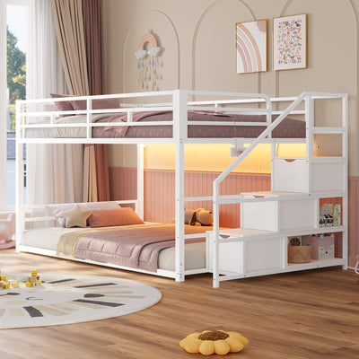 ADORNEVE Low Bunk Bed Twin Over Twin with Stairs, Storage Drawers & Shelves, RGB LED Lights Metal Floor Bunk with Power Outlet, Full-Length Guardrail & Metal Slats, for Small Space, Kids, White