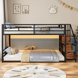 ADORNEVE Low Bunk Bed Twin Over Twin with Storage Staircase, Drawers & Shelves, RGB LED Lights Metal Floor Bunk with Power Outlet, Full-Length Guardrail & Metal Slats, for Small Space, Kids, Black ADORNEVE
