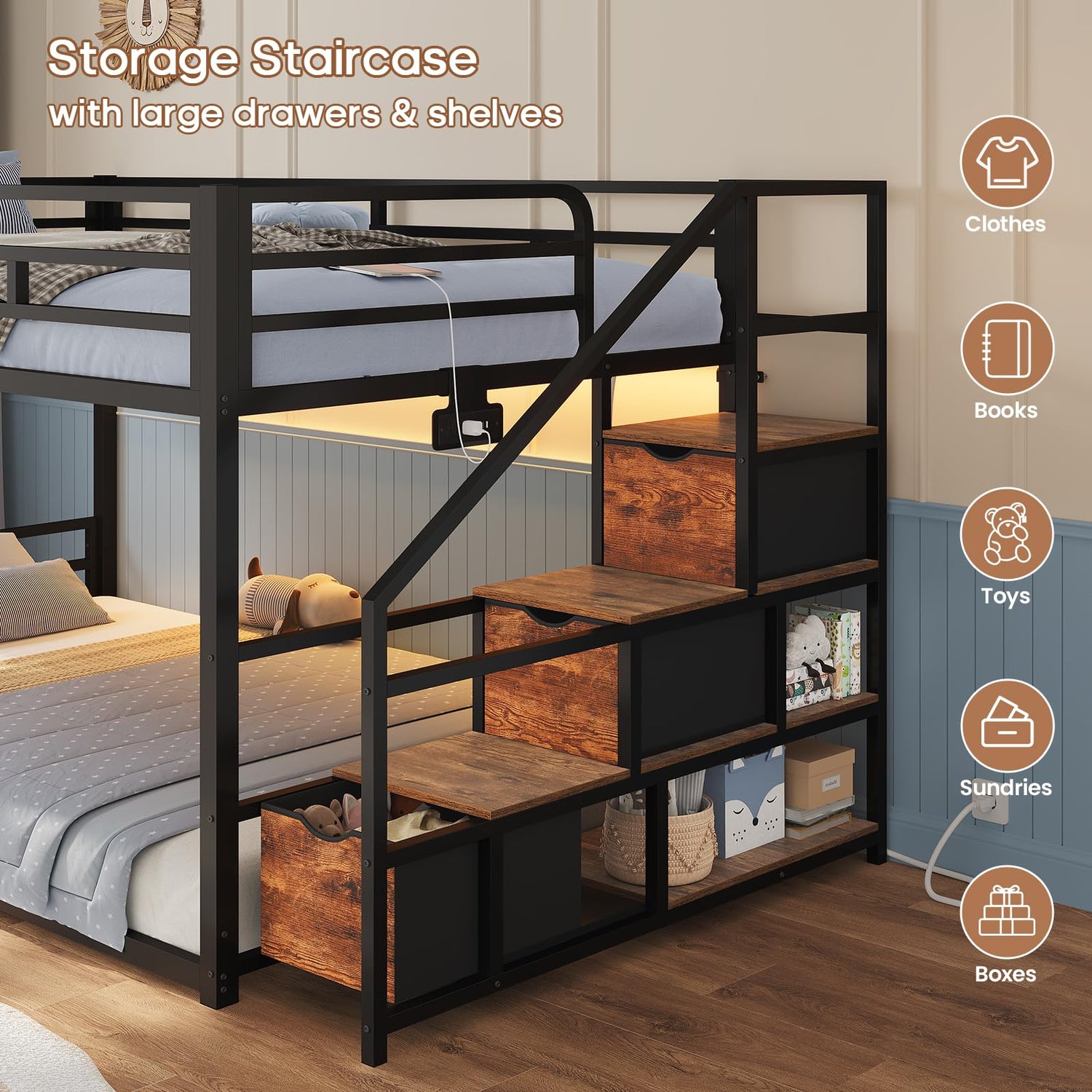 ADORNEVE Low Bunk Bed Twin Over Twin with Storage Staircase, Drawers & Shelves, RGB LED Lights Metal Floor Bunk with Power Outlet, Full-Length Guardrail & Metal Slats, for Small Space, Kids, Black ADORNEVE