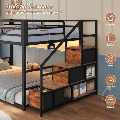 ADORNEVE Low Bunk Bed Twin Over Twin with Storage Staircase, Drawers & Shelves, RGB LED Lights Metal Floor Bunk with Power Outlet, Full-Length Guardrail & Metal Slats, for Small Space, Kids, Black ADORNEVE
