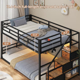 ADORNEVE Low Bunk Bed Twin Over Twin with Storage Staircase, Drawers & Shelves, RGB LED Lights Metal Floor Bunk with Power Outlet, Full-Length Guardrail & Metal Slats, for Small Space, Kids, Black ADORNEVE