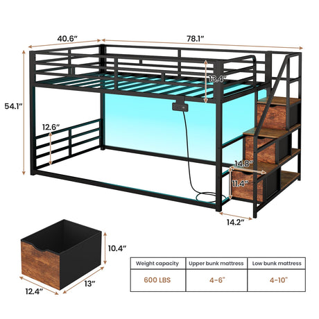 ADORNEVE Low Bunk Bed Twin Over Twin with Storage Staircase, Drawers & Shelves, RGB LED Lights Metal Floor Bunk with Power Outlet, Full-Length Guardrail & Metal Slats, for Small Space, Kids, Black ADORNEVE