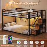 ADORNEVE Low Bunk Bed Twin Over Twin with Storage Staircase, Drawers & Shelves, RGB LED Lights Metal Floor Bunk with Power Outlet, Full-Length Guardrail & Metal Slats, for Small Space, Kids, Black ADORNEVE