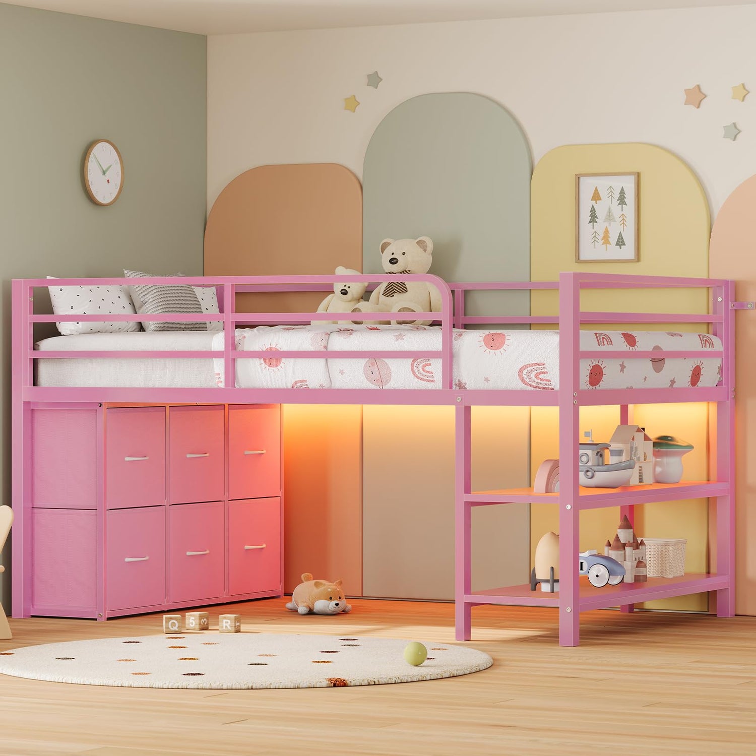 ADORNEVE Low Loft Bed Twin Size with 6 Storage Drawers, Twin Loft Bed with LED Lights, Metal Kids Loft Bed with Open Storage Shelves, Twin Bed Frame with 15" H Safety Guardrail for Kids, Pink ADORNEVE