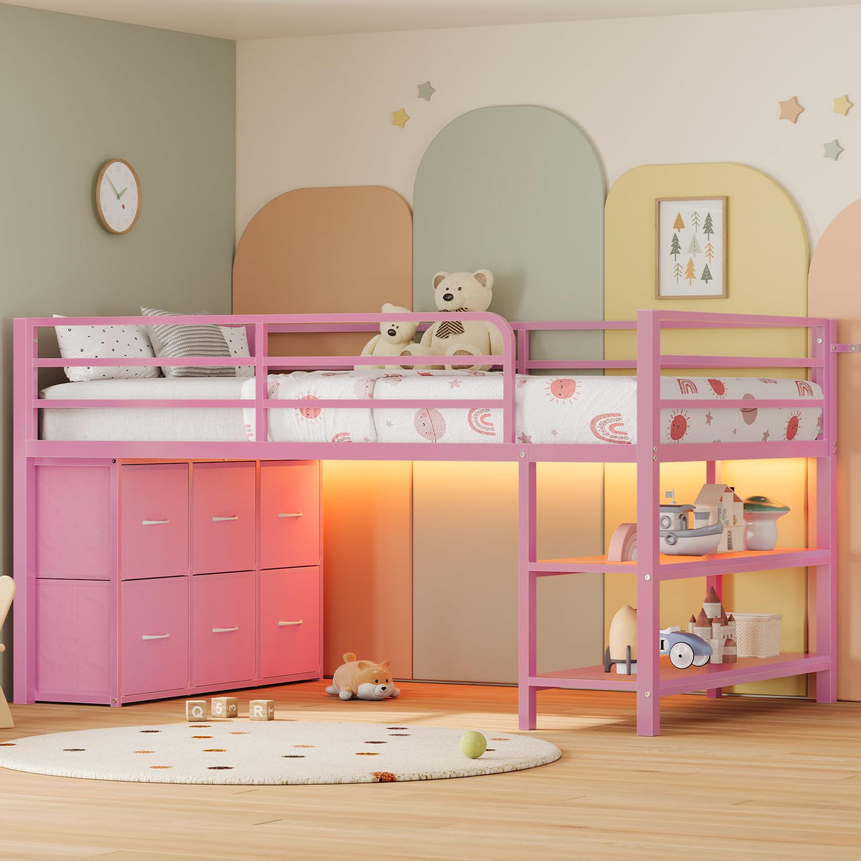 ADORNEVE Low Loft Bed Twin Size with 6 Storage Drawers, Twin Loft Bed with LED Lights, Metal Kids Loft Bed with Open Storage Shelves, Twin Bed Frame with 15" H Safety Guardrail for Kids, Pink ADORNEVE