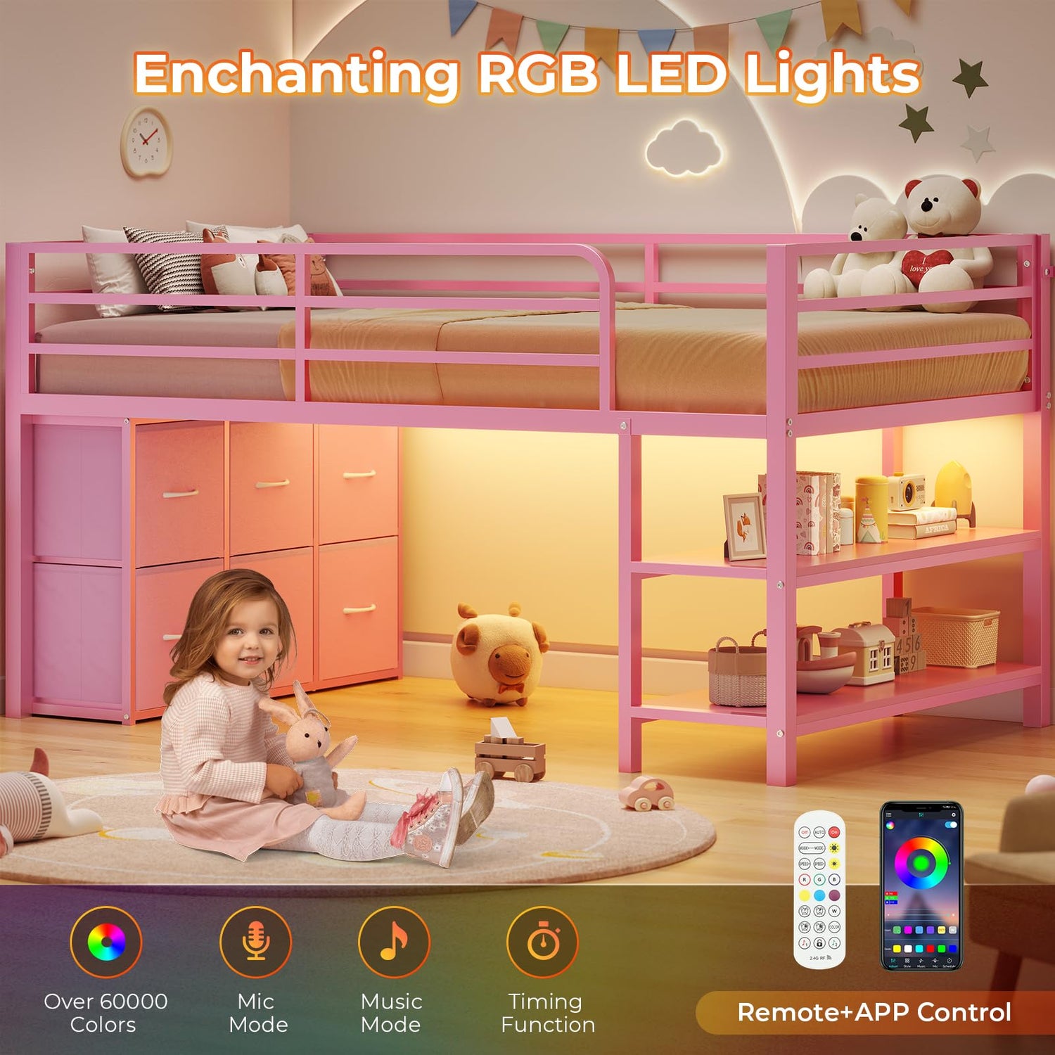 ADORNEVE Low Loft Bed Twin Size with 6 Storage Drawers, Twin Loft Bed with LED Lights, Metal Kids Loft Bed with Open Storage Shelves, Twin Bed Frame with 15" H Safety Guardrail for Kids, Pink ADORNEVE