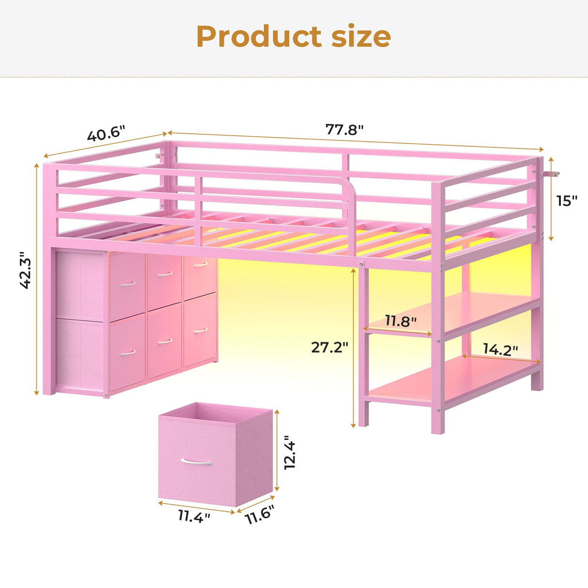 ADORNEVE Low Loft Bed Twin Size with 6 Storage Drawers, Twin Loft Bed with LED Lights, Metal Kids Loft Bed with Open Storage Shelves, Twin Bed Frame with 15" H Safety Guardrail for Kids, Pink ADORNEVE