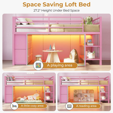 ADORNEVE Low Loft Bed Twin Size with 6 Storage Drawers, Twin Loft Bed with LED Lights, Metal Kids Loft Bed with Open Storage Shelves, Twin Bed Frame with 15" H Safety Guardrail for Kids, Pink ADORNEVE