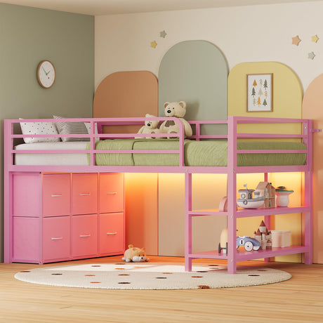 ADORNEVE Low Loft Bed Twin Size with 6 Storage Drawers, Twin Loft Bed with LED Lights, Metal Kids Loft Bed with Open Storage Shelves, Twin Bed Frame with 15" H Safety Guardrail for Kids, Pink ADORNEVE