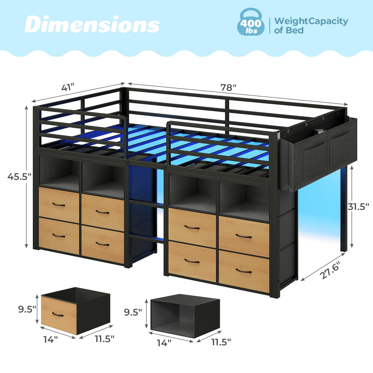 ADORNEVE Low Loft Bed Twin Size with 8 Storage Drawers, Twin Loft Bed with Bookcase and LED Lights, Metal Kids Loft Bed with 14" H Safety Guardrail, Under-Bed Play Space, No Box Spring Needed, Black ADORNEVE