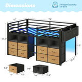 ADORNEVE Low Loft Bed Twin Size with 8 Storage Drawers, Twin Loft Bed with Bookcase and LED Lights, Metal Kids Loft Bed with 14" H Safety Guardrail, Under-Bed Play Space, No Box Spring Needed, Black ADORNEVE