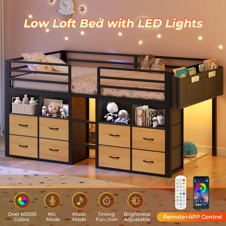 ADORNEVE Low Loft Bed Twin Size with 8 Storage Drawers, Twin Loft Bed with Bookcase and LED Lights, Metal Kids Loft Bed with 14" H Safety Guardrail, Under-Bed Play Space, No Box Spring Needed, Black ADORNEVE