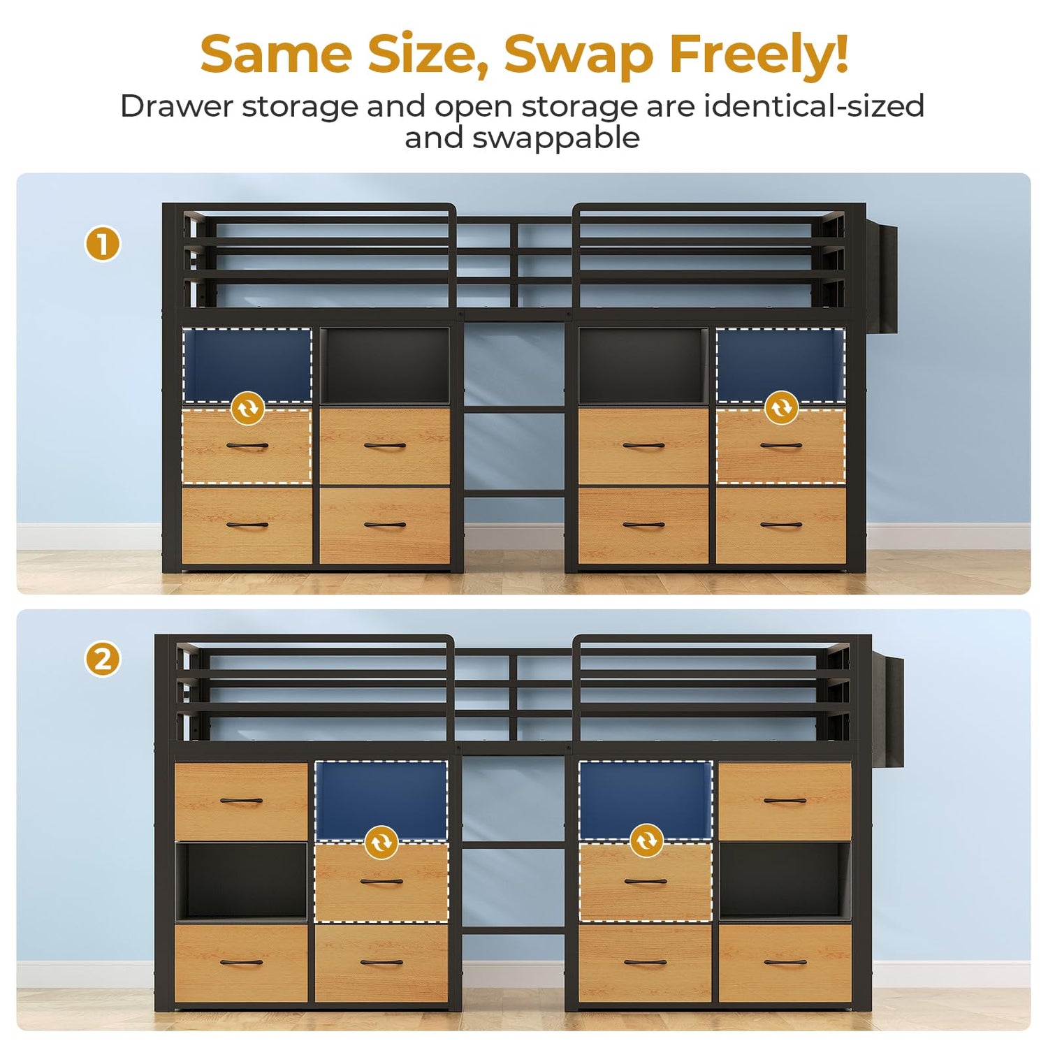 ADORNEVE Low Loft Bed Twin Size with 8 Storage Drawers, Twin Loft Bed with Bookcase and LED Lights, Metal Kids Loft Bed with 14" H Safety Guardrail, Under-Bed Play Space, No Box Spring Needed, Black ADORNEVE