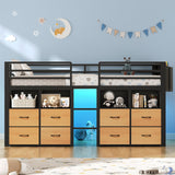 ADORNEVE Low Loft Bed Twin Size with 8 Storage Drawers, Twin Loft Bed with Bookcase and LED Lights, Metal Kids Loft Bed with 14" H Safety Guardrail, Under-Bed Play Space, No Box Spring Needed, Black ADORNEVE