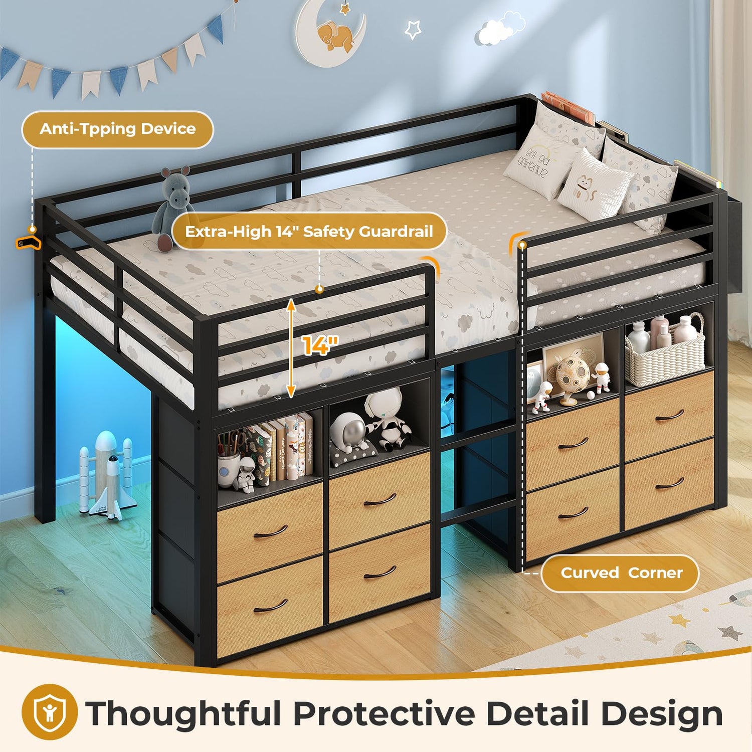 ADORNEVE Low Loft Bed Twin Size with 8 Storage Drawers, Twin Loft Bed with Bookcase and LED Lights, Metal Kids Loft Bed with 14" H Safety Guardrail, Under-Bed Play Space, No Box Spring Needed, Black ADORNEVE