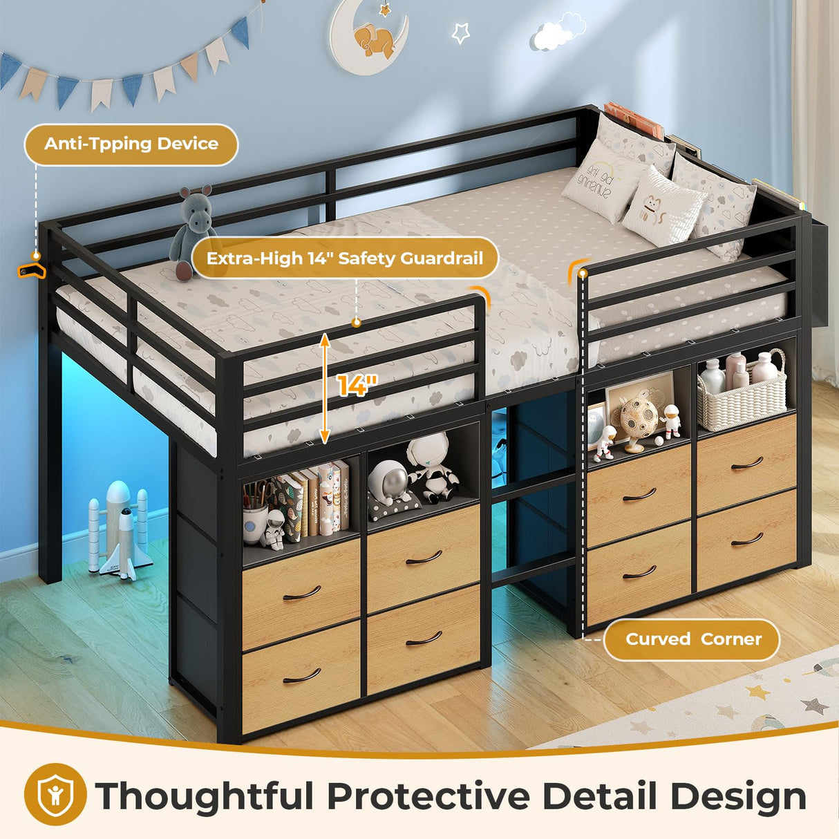 ADORNEVE Low Loft Bed Twin Size with 8 Storage Drawers, Twin Loft Bed with Bookcase and LED Lights, Metal Kids Loft Bed with 14" H Safety Guardrail, Under-Bed Play Space, No Box Spring Needed, Black ADORNEVE