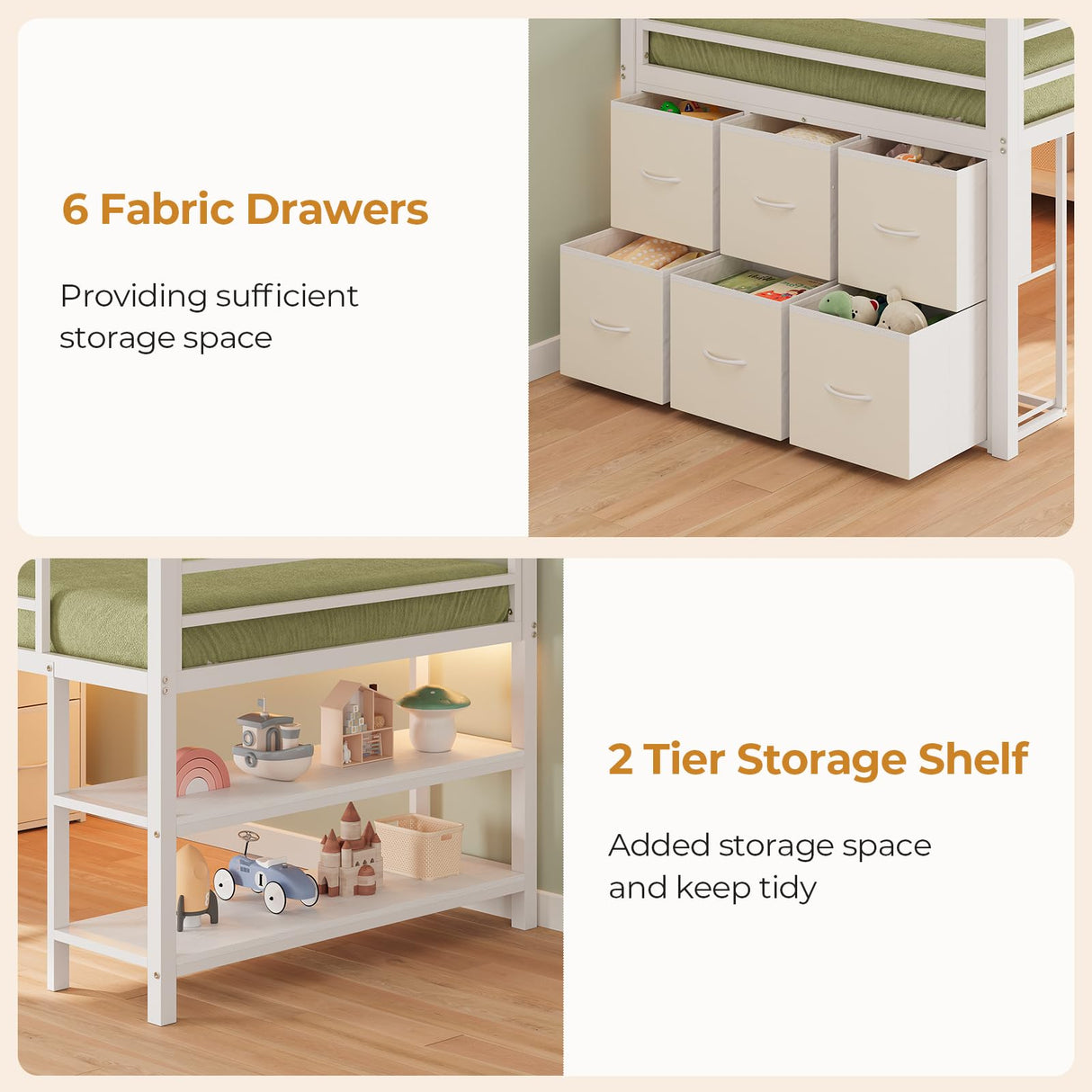 ADORNEVE Low Loft Bed with 15" H Safety Guard Rail, Twin Loft Bed with LED Lights, Metal Loft Bed Twin with 6 Fabric Storage Drawers, Kids Loft Bed with Open Storage Shelves, Loft Bed for Kids, White ADORNEVE