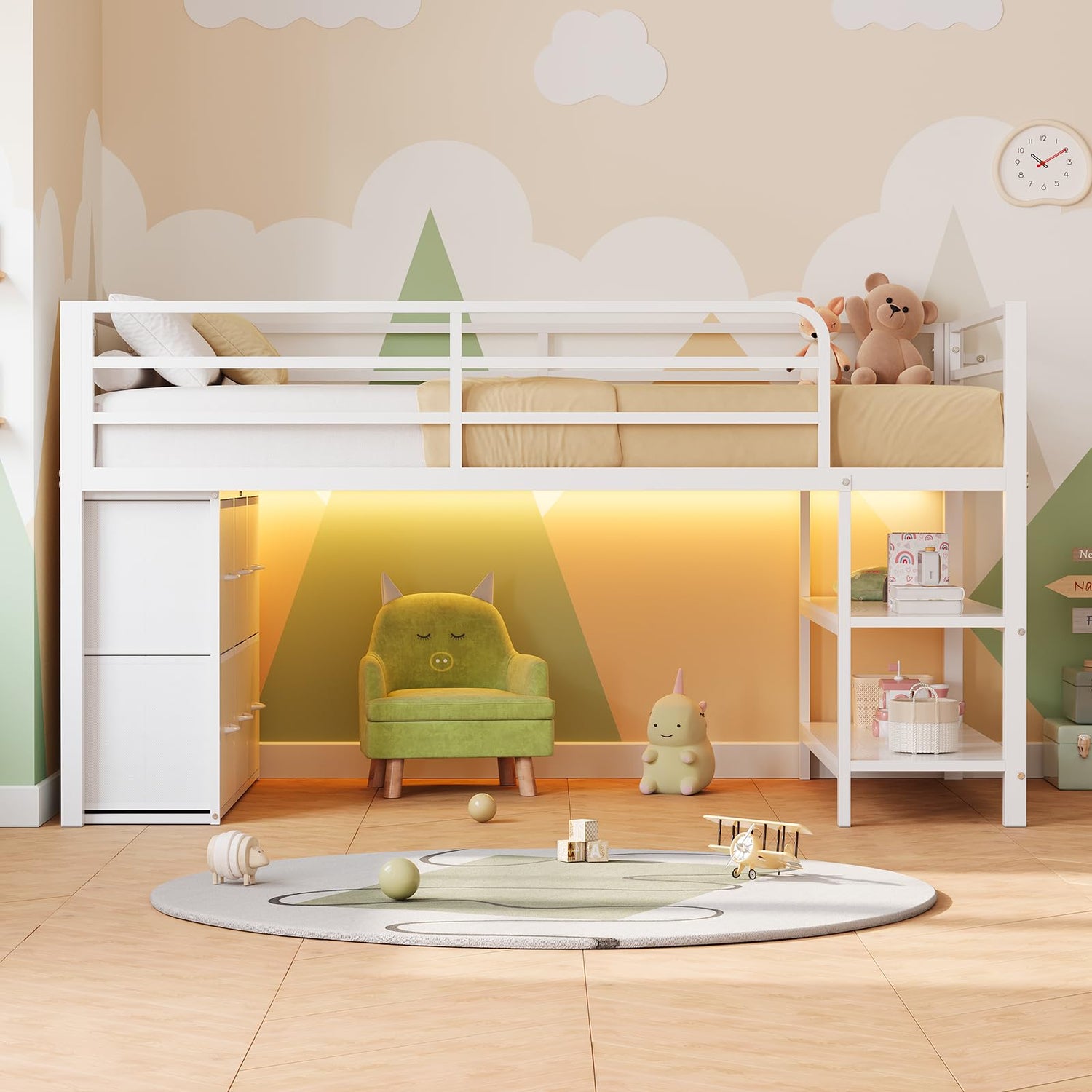 ADORNEVE Low Loft Bed with 15" H Safety Guard Rail, Twin Loft Bed with LED Lights, Metal Loft Bed Twin with 6 Fabric Storage Drawers, Kids Loft Bed with Open Storage Shelves, Loft Bed for Kids, White ADORNEVE