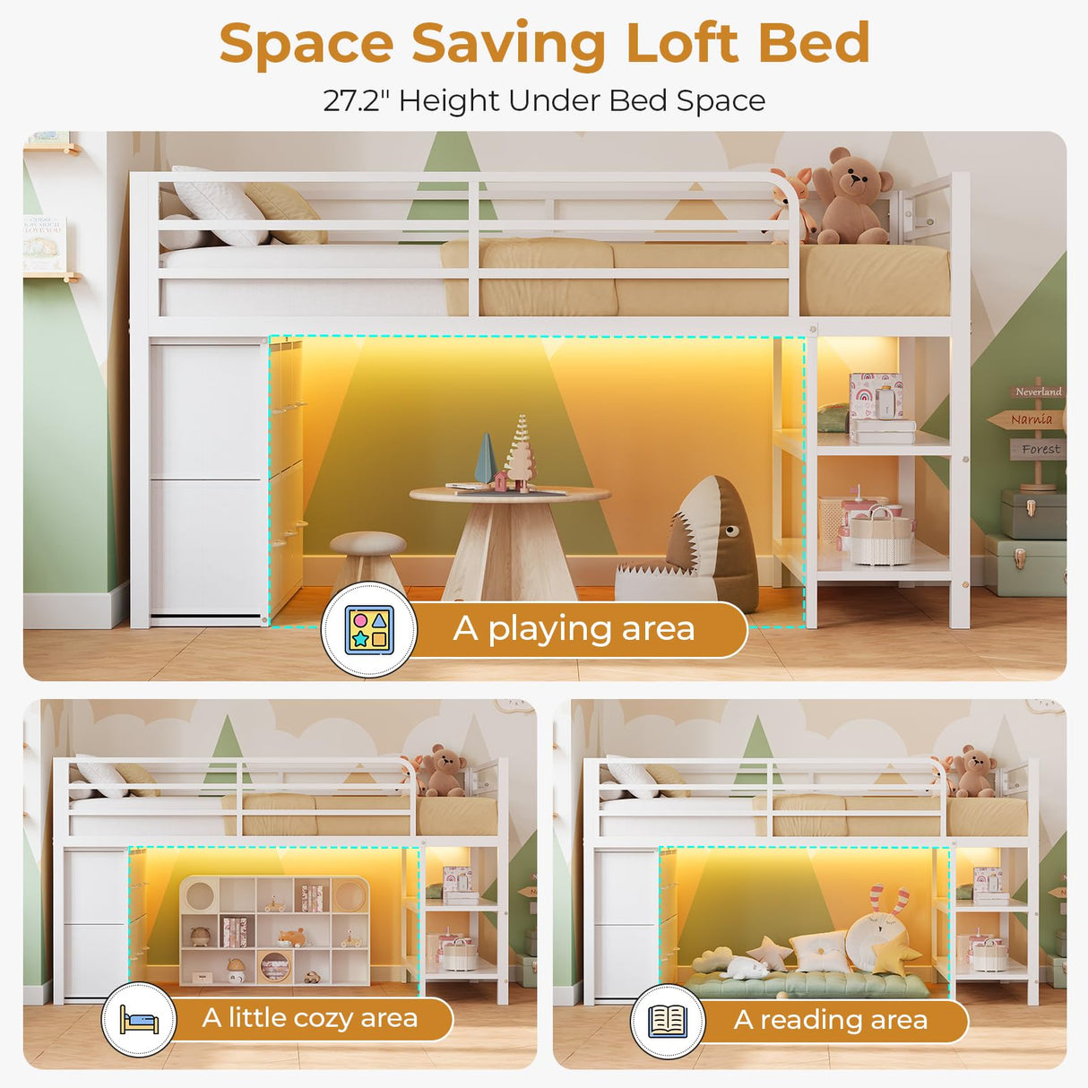 ADORNEVE Low Loft Bed with 15" H Safety Guard Rail, Twin Loft Bed with LED Lights, Metal Loft Bed Twin with 6 Fabric Storage Drawers, Kids Loft Bed with Open Storage Shelves, Loft Bed for Kids, White ADORNEVE