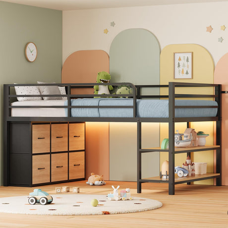ADORNEVE Low Loft Bed with 6 Storage Drawers, Twin Loft Bed with LED Lights, Metal Loft Bed Twin Size with Open Storage Shelves, Twin Bed Frame with 15" H Safety Guard Rail for Kids, Black ADORNEVE