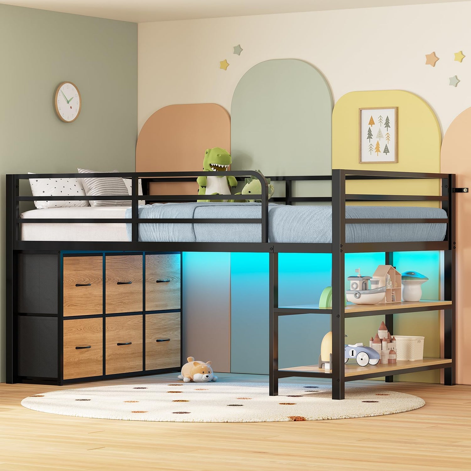 ADORNEVE Low Loft Bed with 6 Storage Drawers, Twin Loft Bed with LED Lights, Metal Loft Bed Twin Size with Open Storage Shelves, Twin Bed Frame with 15" H Safety Guard Rail for Kids, Black ADORNEVE