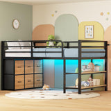 ADORNEVE Low Loft Bed with 6 Storage Drawers, Twin Loft Bed with LED Lights, Metal Loft Bed Twin Size with Open Storage Shelves, Twin Bed Frame with 15" H Safety Guard Rail for Kids, Black ADORNEVE