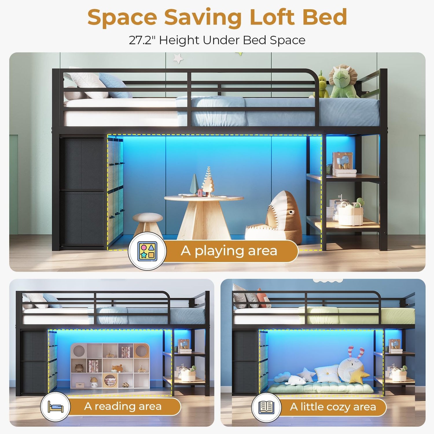 ADORNEVE Low Loft Bed with 6 Storage Drawers, Twin Loft Bed with LED Lights, Metal Loft Bed Twin Size with Open Storage Shelves, Twin Bed Frame with 15" H Safety Guard Rail for Kids, Black ADORNEVE