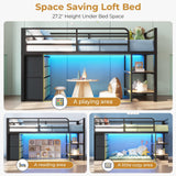 ADORNEVE Low Loft Bed with 6 Storage Drawers, Twin Loft Bed with LED Lights, Metal Loft Bed Twin Size with Open Storage Shelves, Twin Bed Frame with 15" H Safety Guard Rail for Kids, Black ADORNEVE