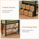 ADORNEVE Low Loft Bed with 6 Storage Drawers, Twin Loft Bed with LED Lights, Metal Loft Bed Twin Size with Open Storage Shelves, Twin Bed Frame with 15" H Safety Guard Rail for Kids, Black ADORNEVE