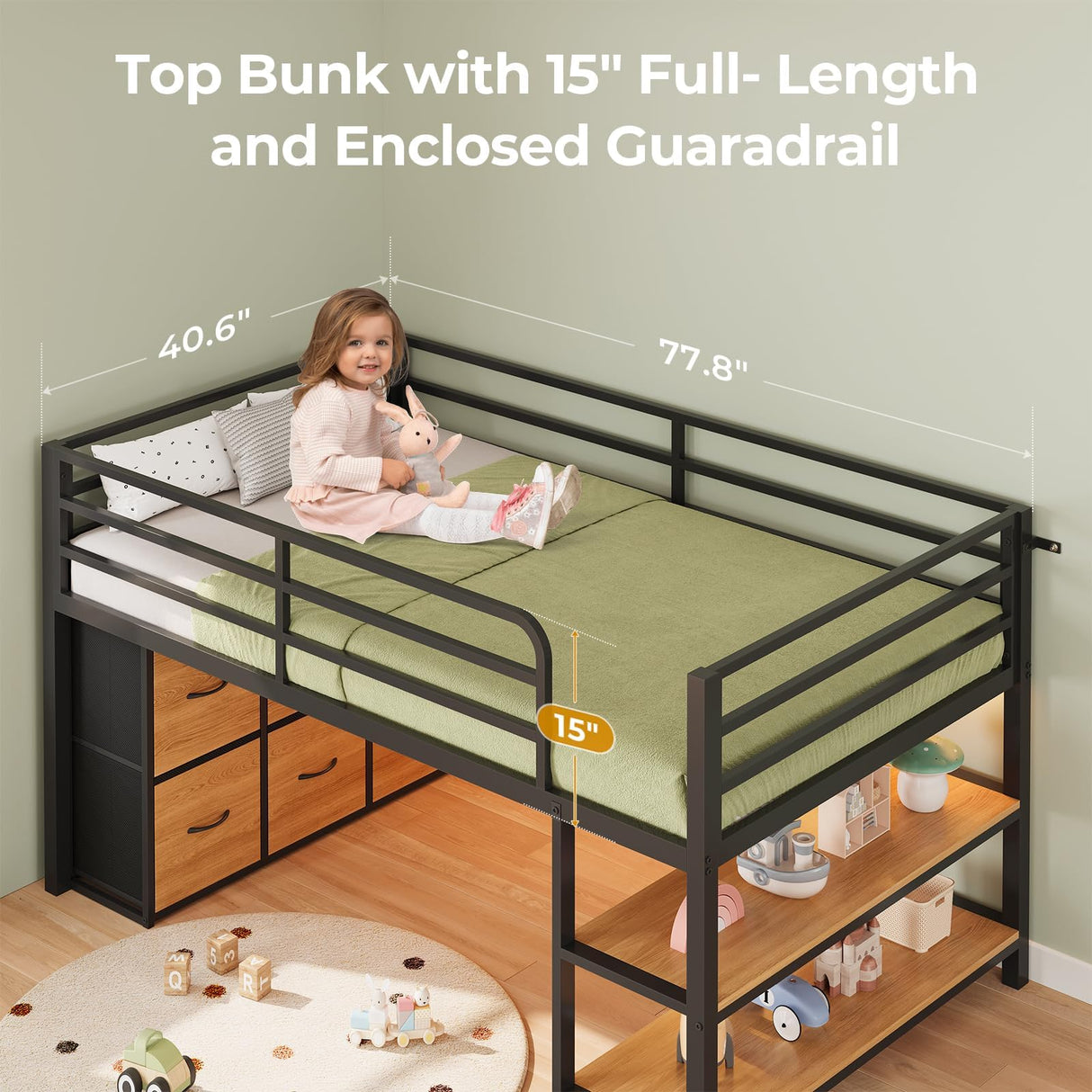 ADORNEVE Low Loft Bed with 6 Storage Drawers, Twin Loft Bed with LED Lights, Metal Loft Bed Twin Size with Open Storage Shelves, Twin Bed Frame with 15" H Safety Guard Rail for Kids, Black ADORNEVE