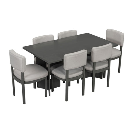 Dining Table Set With 6 Upholstered Chairs, Rectangular Table With Cutout Legs HouseOfZazla