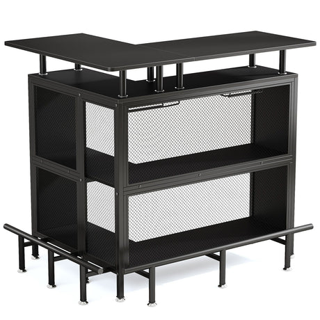 L Shaped Home Mini Bar Table With 2 Tier Shelves & Glass Racks - Black HouseOfZazla