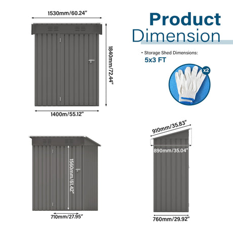 5 X 3 Ft Durable Metal Shed Outdoor Storage Shed With Pitched Roof And Lockable Door - Gray HouseOfZazla